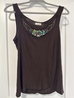 Matty M Brown Tank Top with Beaded Neckline